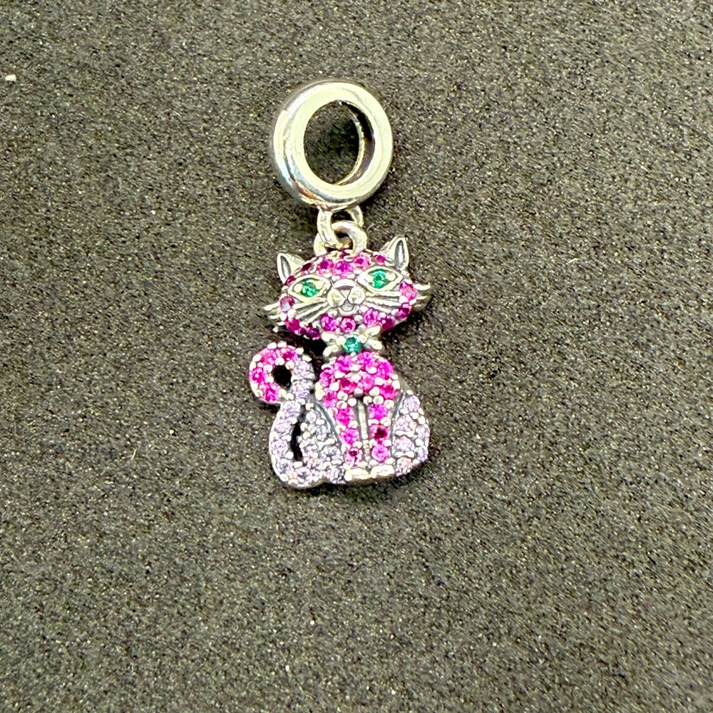 Sterling Silver Pink Crystal Cat Dangle Charm